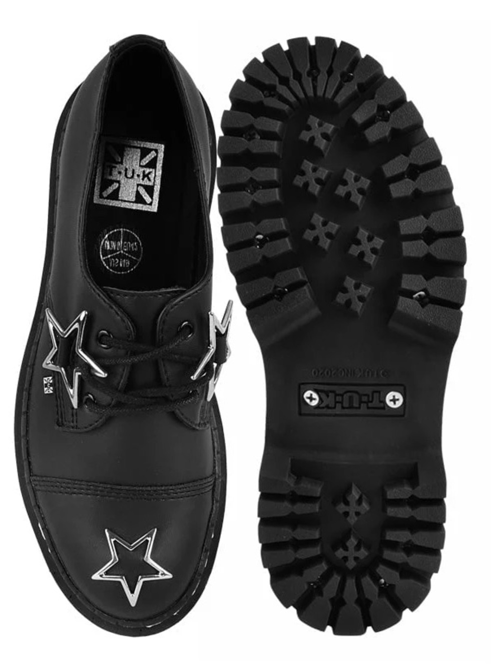 New Unisex T.U.K Double Decker Black Leather Oxford with Silver Star Accents